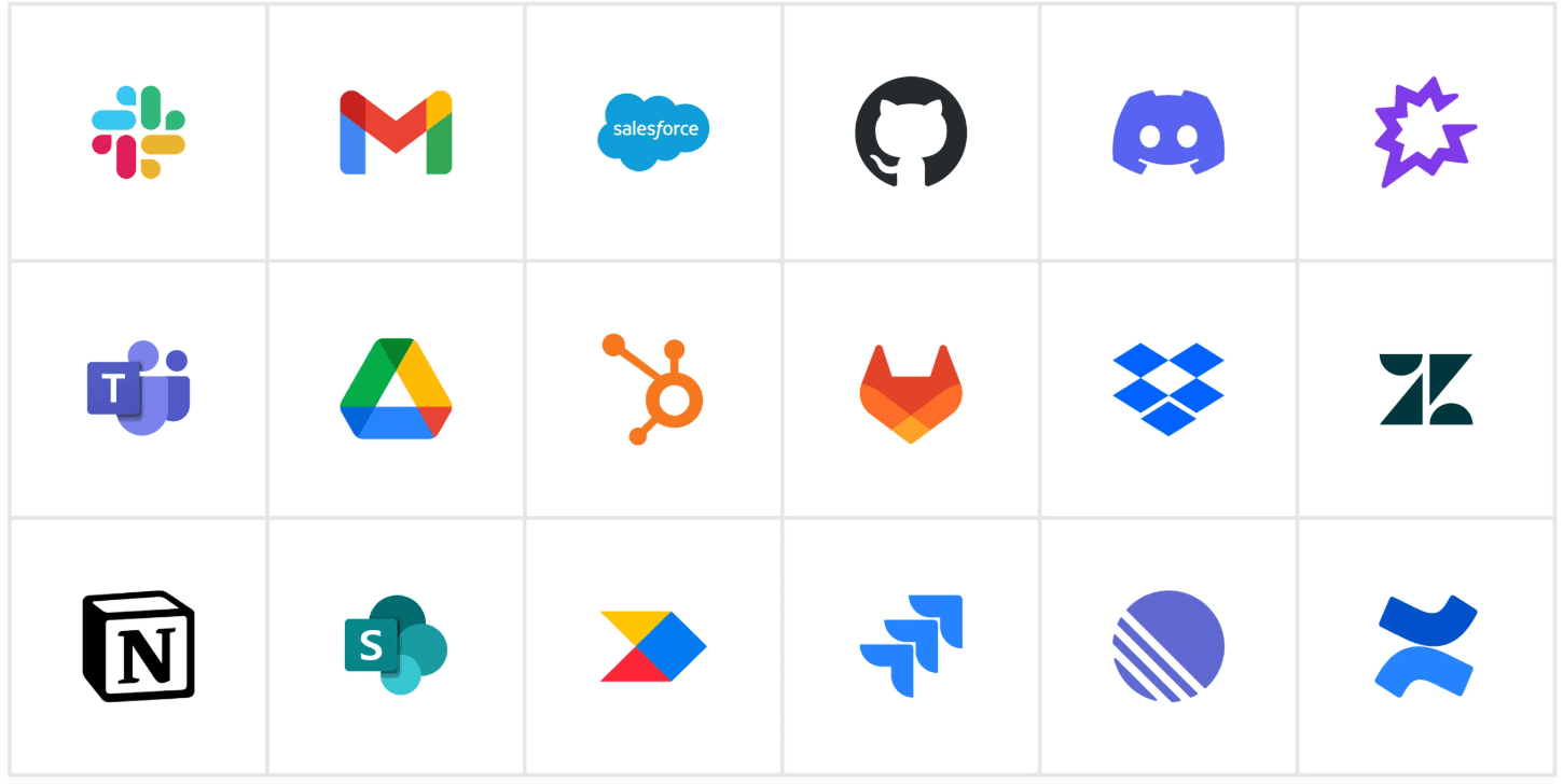 Logos of systems Arka connects to, including Slack, Gmail, Salesforce, GitHub, Discord, Teams, Google Drive, HubSpot, GitLab, Dropbox, Zendesk, Notion, SharePoint, and more