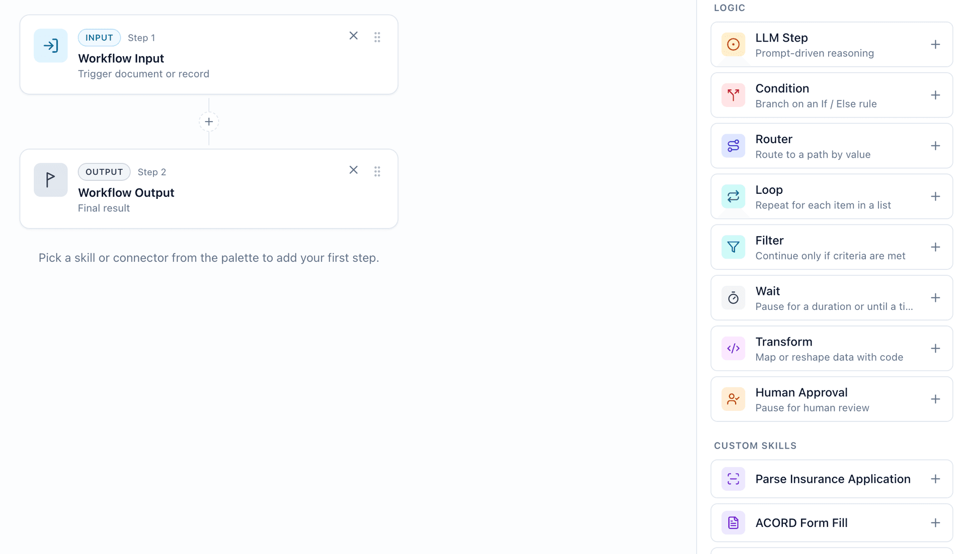 Workflow builder canvas with a palette of logic and skill blocks